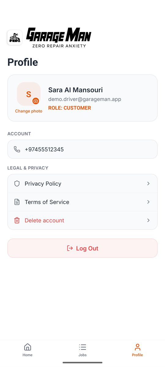 Profile and privacy — GarageMan app screen