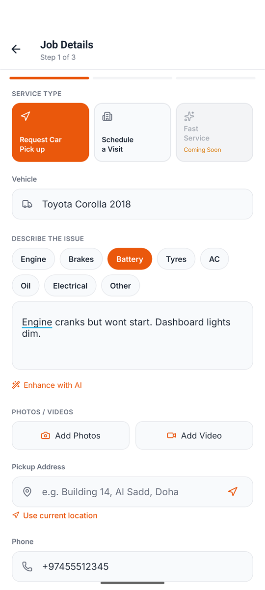 Request in three steps — GarageMan app screen