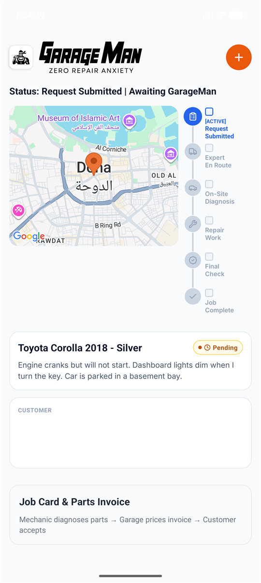 Track every stage — GarageMan app screen