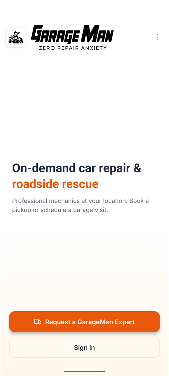 Start in one tap — GarageMan app screen